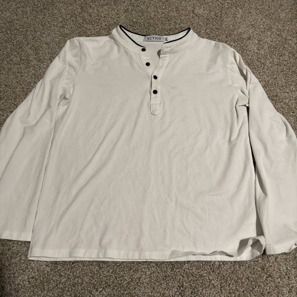 Kuyigo T Shirt Mens Size M White Knit 100% Cotton Long Casual Sleeve Henley Neck